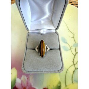 Vintage 60's Uncus Sterling Silver Marquis Tigers Eye Ring Size 7.5